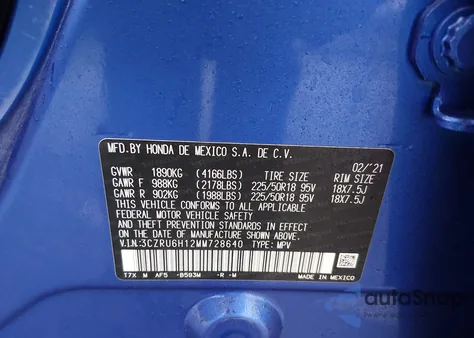 2021 Honda Hr-V Awd Sport z USA, uszkodzony, nr VIN 3CZRU6H12MM728640